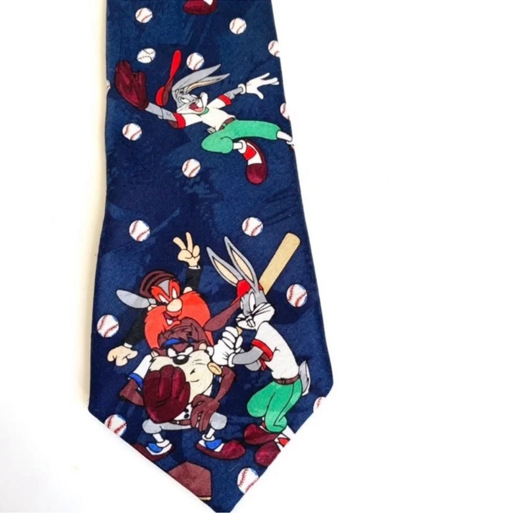 Vintage 1994 Looney Tunes Mania Blue Baseball Characters Printed Necktie